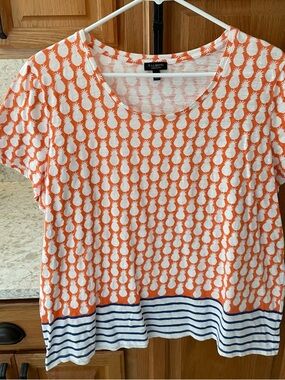Talbots Orange and White Pineapple Print Short Sleeve Tee with Navy Striped Hem
